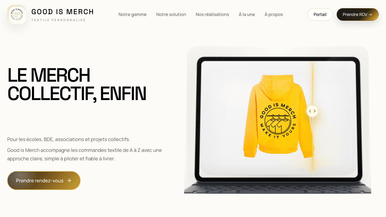 Couche vitrine Good is Merch reliée à la plateforme métier